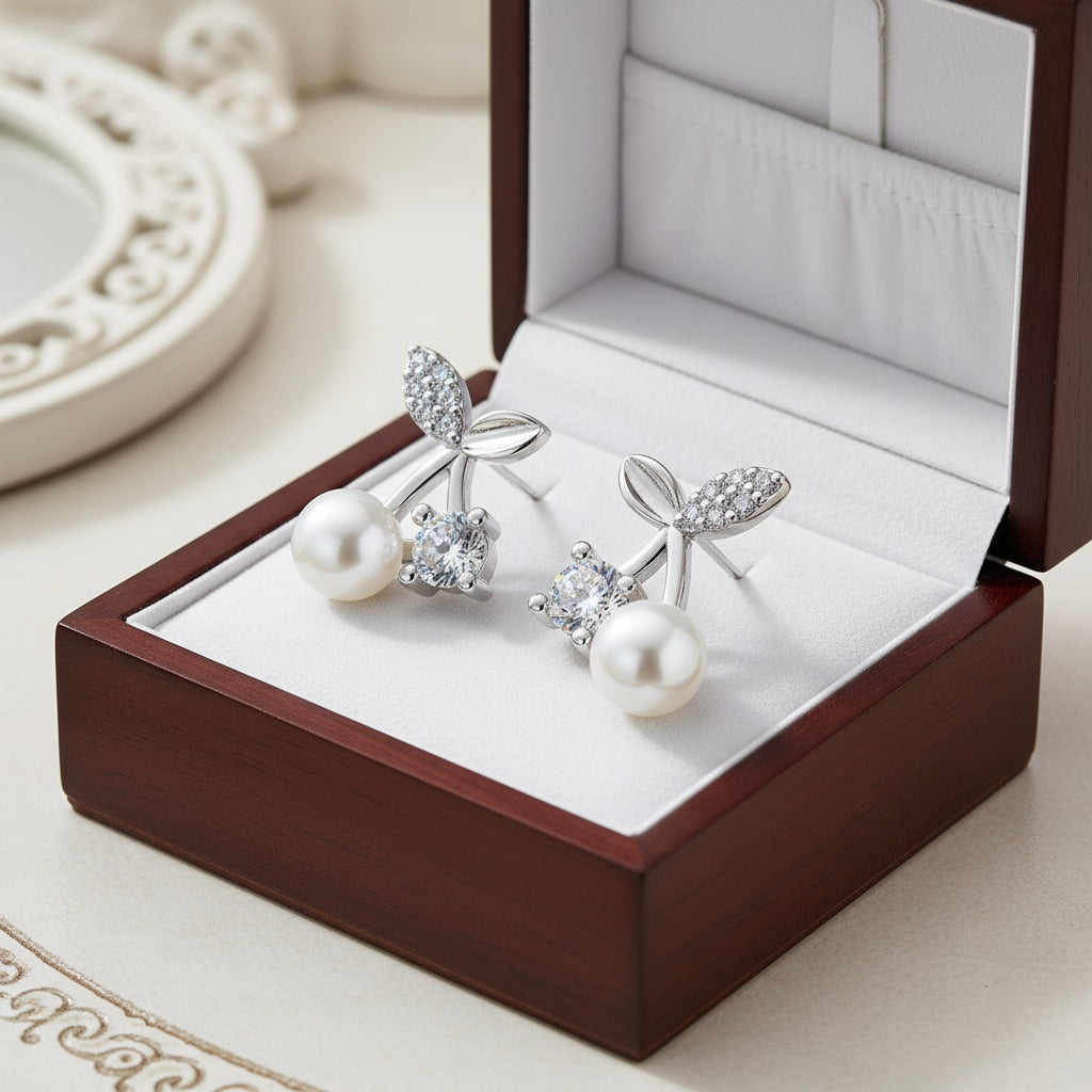 Gyöngy-cseresznye fülbevaló whitegold