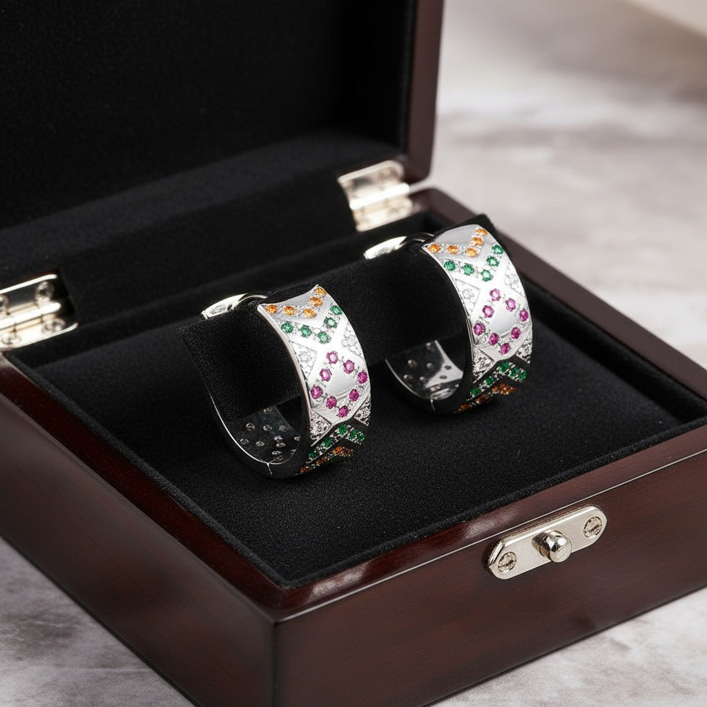 Színes mintás karika fülbevaló whitegold